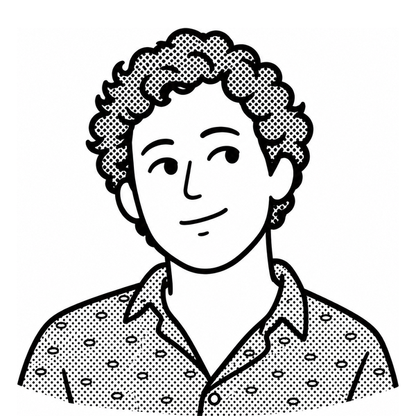 Ink cartoon portrait of Ian: short curly hair, clean-shaven, patterned short-sleeved shirt