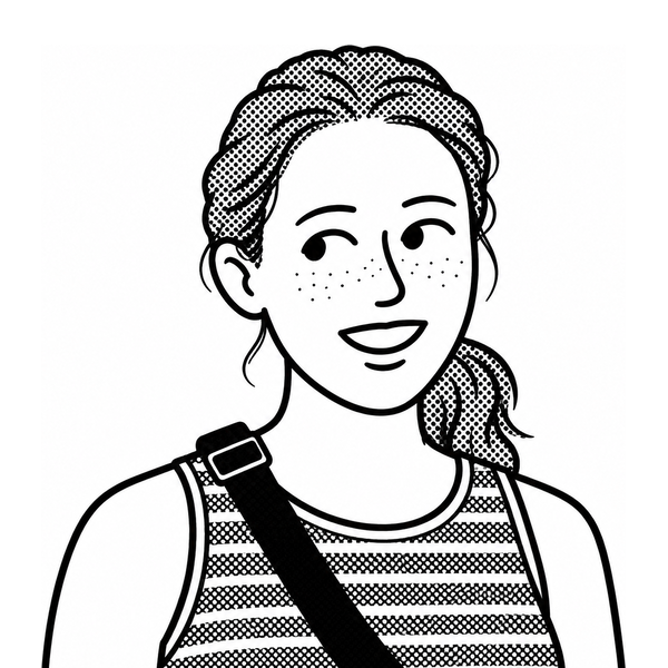 Ink cartoon portrait of Emma: wavy hair in a low ponytail, freckles, striped tank top
