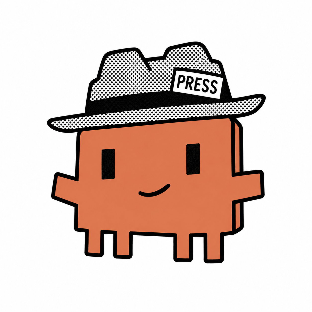 Clawd, the Claude Code mascot, as a reporter: orange body, small smile, one arm raised in a wave, fedora with a PRESS card